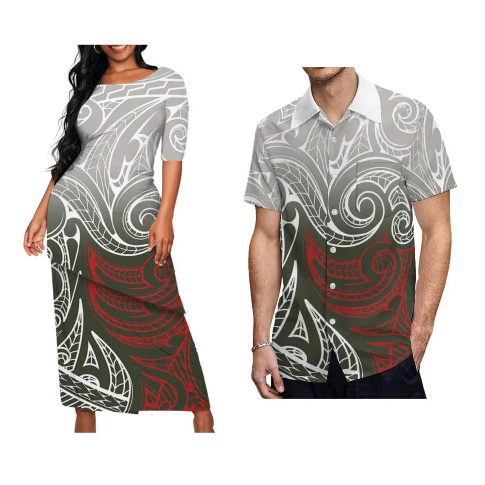 Showlu Fashion Samoan tribal print puletasi dress and men's Hawaiian shirt set, featuring colorful Polynesian-inspired patterns.