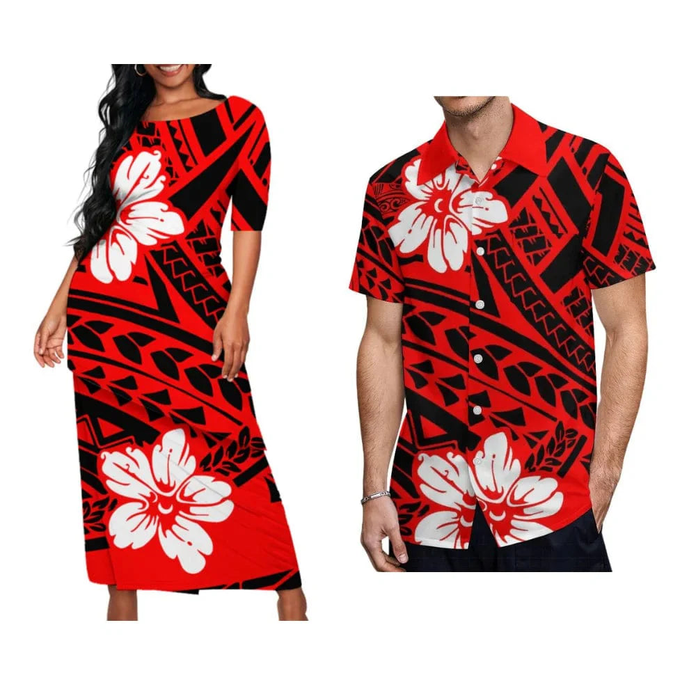 Samoan tribal print Puletasi dress and men's Hawaiian shirt set by Showlu Fashion Store, featuring vibrant Polynesian pattern.