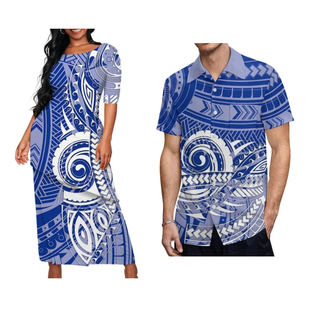 Samoan tribal print Puletasi dress and men's Hawaiian shirt set by Showlu Fashion, featuring colorful Polynesian-inspired patterns.