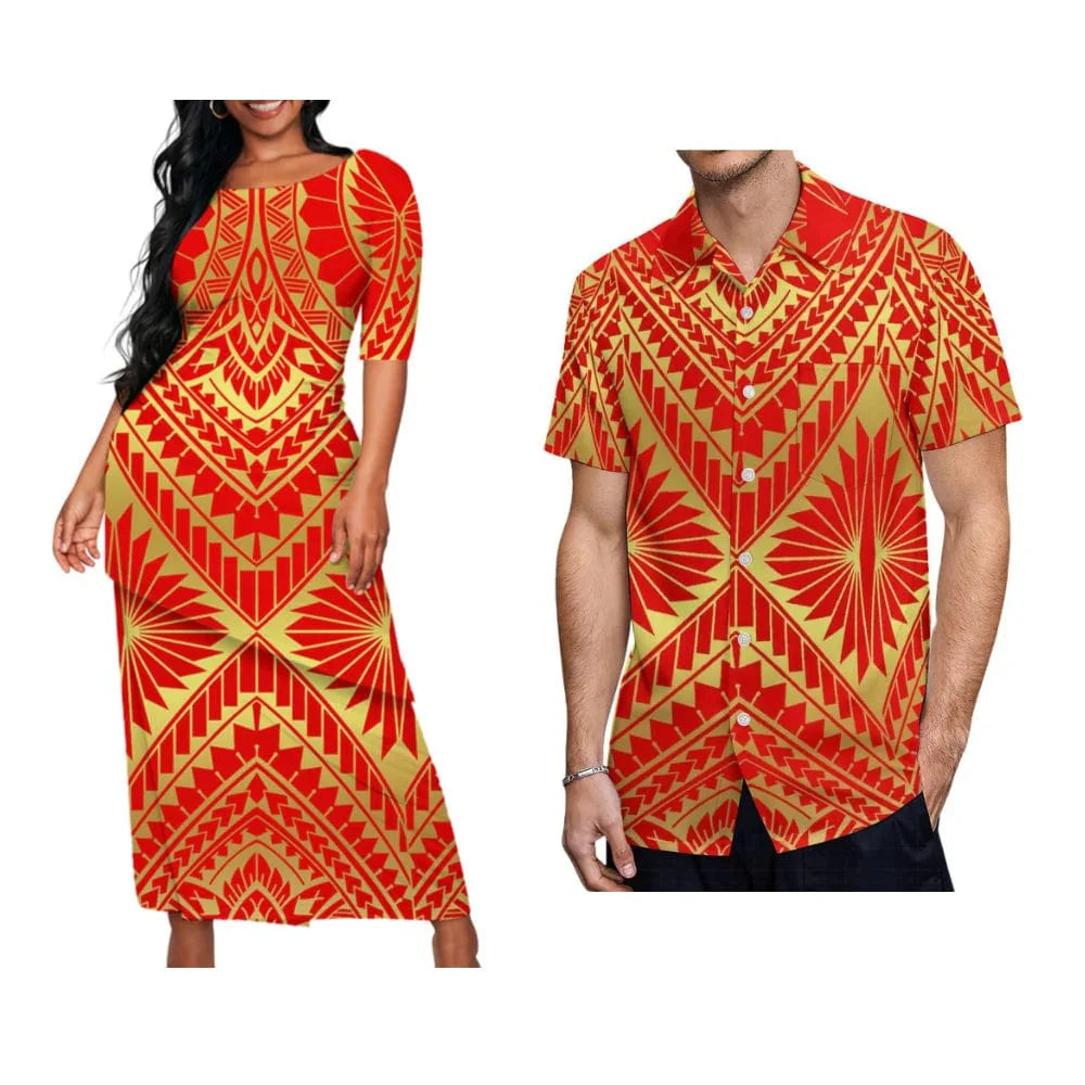 Samoan tribal print Puletasi dress and men's Hawaiian shirt set by Showlu Fashion, featuring colorful Polynesian-inspired patterns.