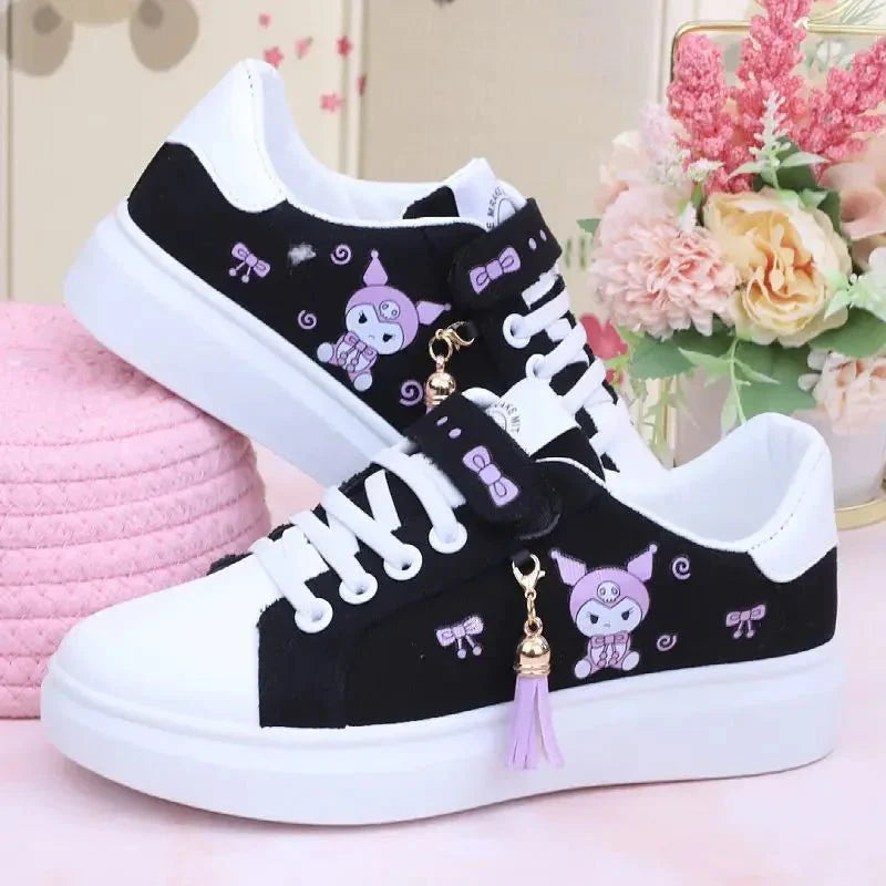 Sanrio Kuromi girls canvas sneakers with soft soles, casual skate shoes for children, featuring colorful Kuromi character design.