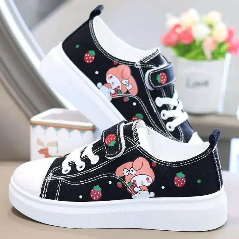 Sanrio Kuromi girls canvas sneakers with soft soles, perfect for casual wear and skateboarding, featuring playful character design.