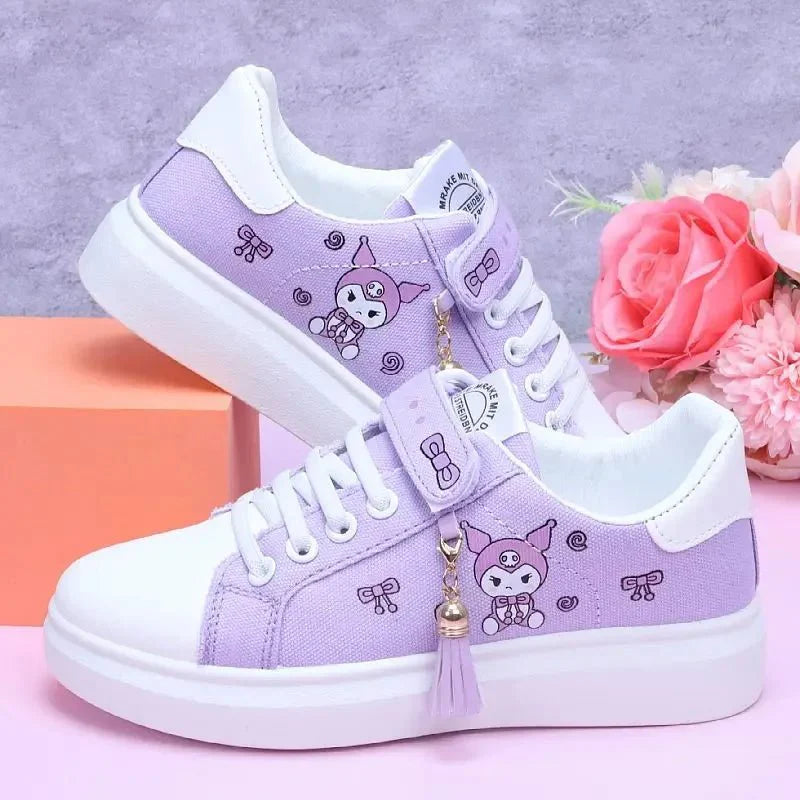 Sanrio Kuromi girls canvas sneakers with soft soles, casual skate shoes for children, featuring playful Kuromi character design.