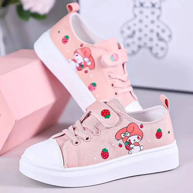 Sanrio Kuromi girls canvas sneakers with soft soles, casual skate shoes for children, featuring colorful design and comfortable fit.