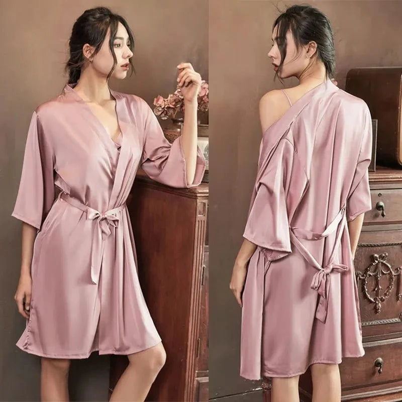 Showlu Women's silky satin short kimono bathrobe, perfect for bridal wedding, casual loungewear, and intimate sleepwear.
