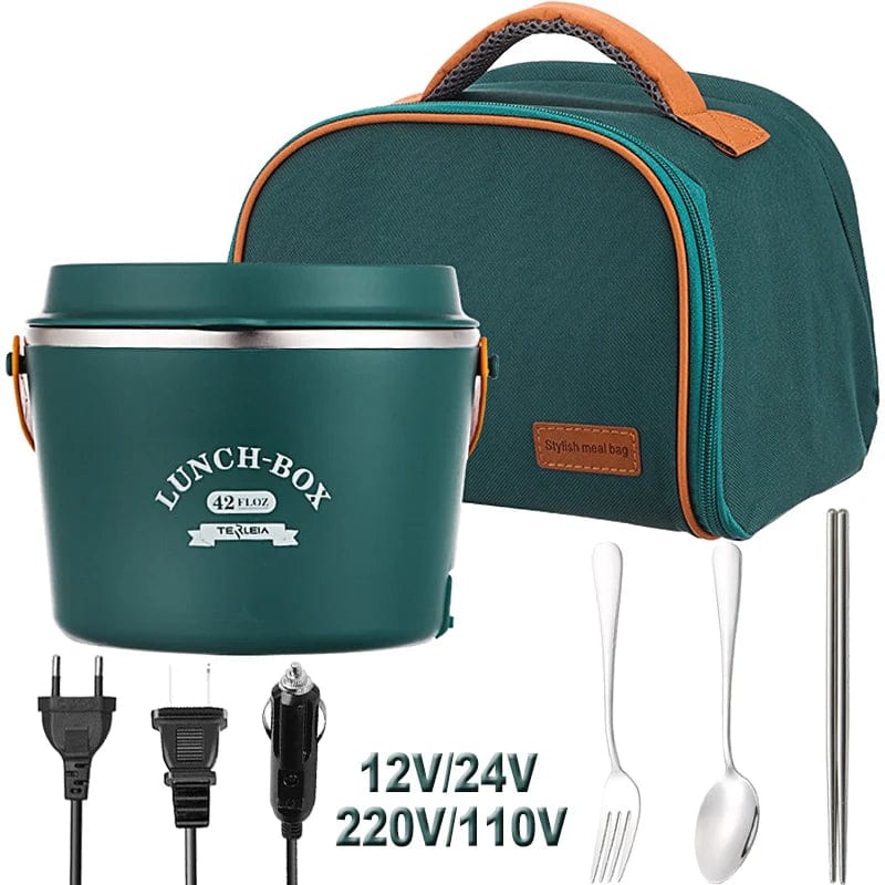 Stainless steel WarmUp electric heating lunch box with 1.2L capacity, suitable for school, office, and travel meals.