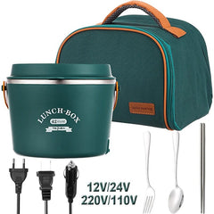 A green electric lunch box with a matching carrying bag, power cords, and metal utensils.