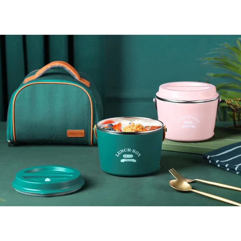 Stainless steel WarmUp electric heating lunch box with 1.2L capacity, suitable for school, office, and outdoor use.