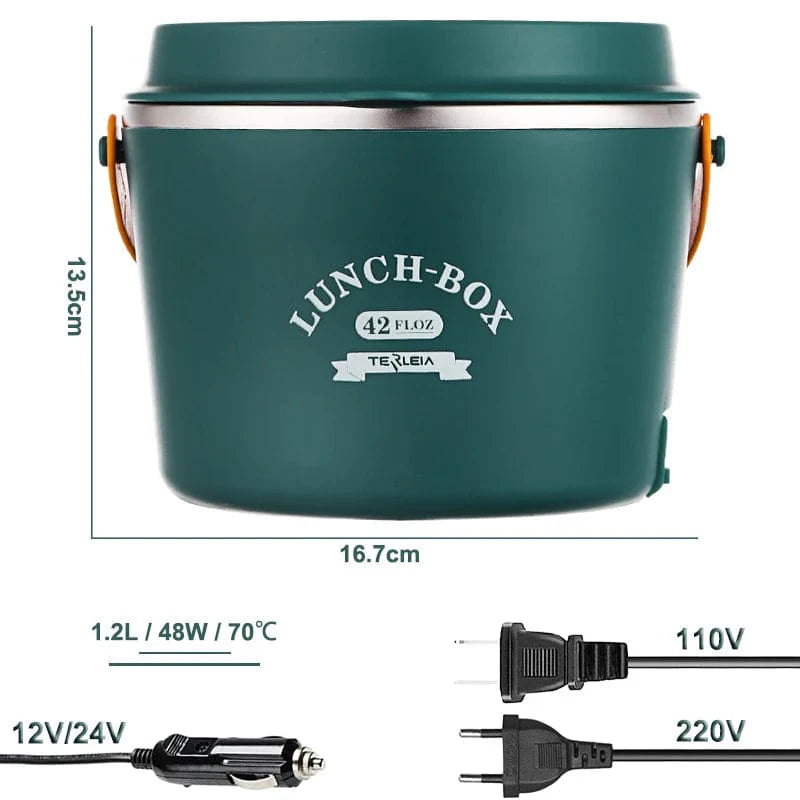 Stainless steel WarmUp electric heating lunch box with 1.2L capacity, ideal for school, office, or picnic meals.