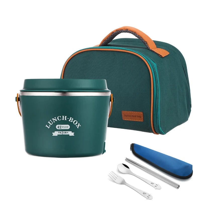 Stainless steel WarmUp electric heating lunch box with 1.2L capacity for school, office, or picnic use, featuring a portable design.