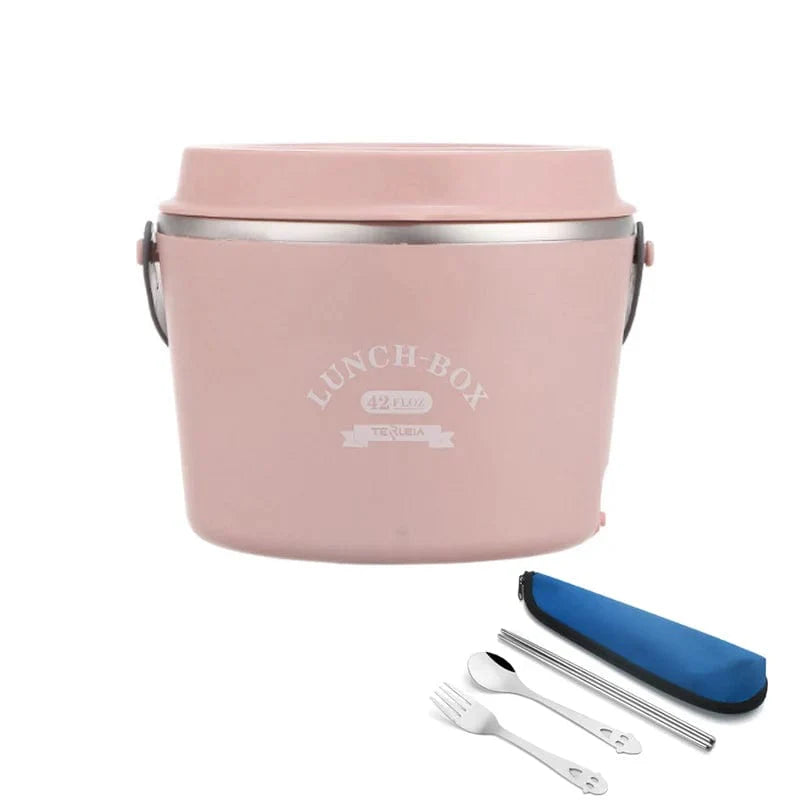Stainless steel WarmUp electric heating lunch box with 1.2L capacity, ideal for school, office, or picnic food warming.