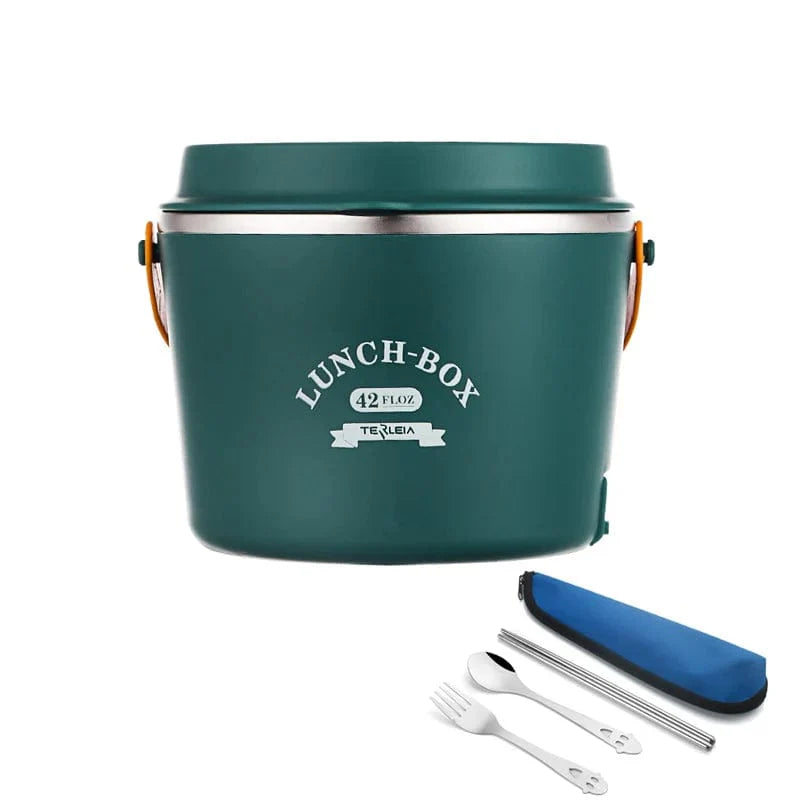 Stainless steel WarmUp electric heating lunch box with 1.2L capacity, ideal for school, office, or picnic meals.
