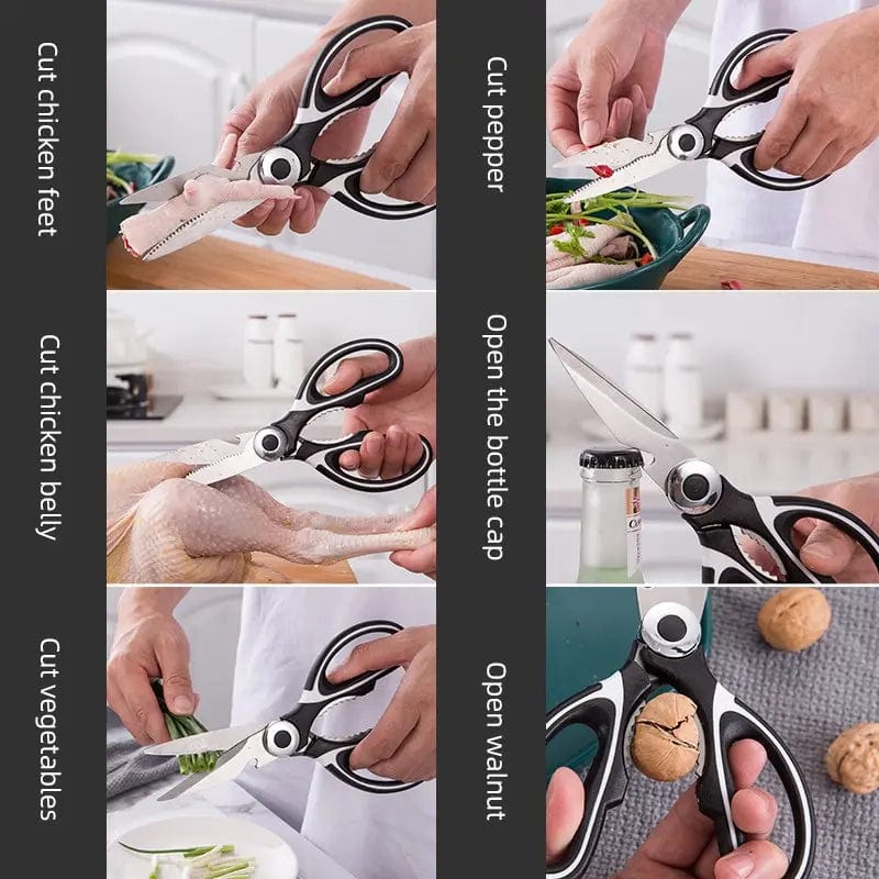 Showlu stainless steel kitchen scissors with heavy-duty bone and poultry cutting blades, also used as fish chopper and bottle opener.