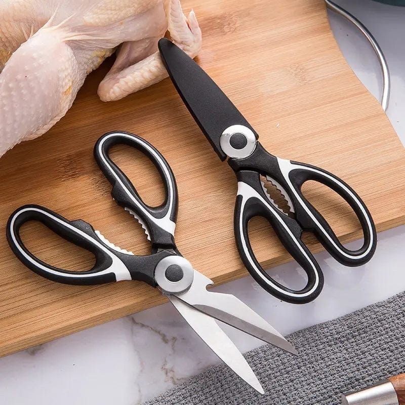 Showlu stainless steel kitchen scissors with heavy-duty bone and poultry cutting blades, also used for fish, nuts, and opening bottles.