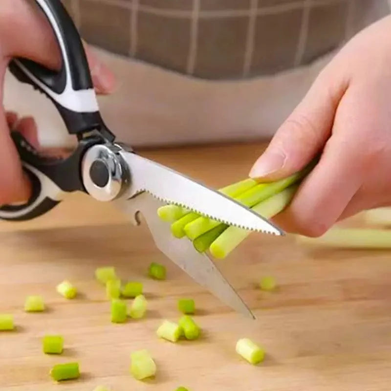 Showlu stainless steel kitchen scissors for heavy-duty bone, poultry, and fish cutting, with bottle opener and walnut cracking features.