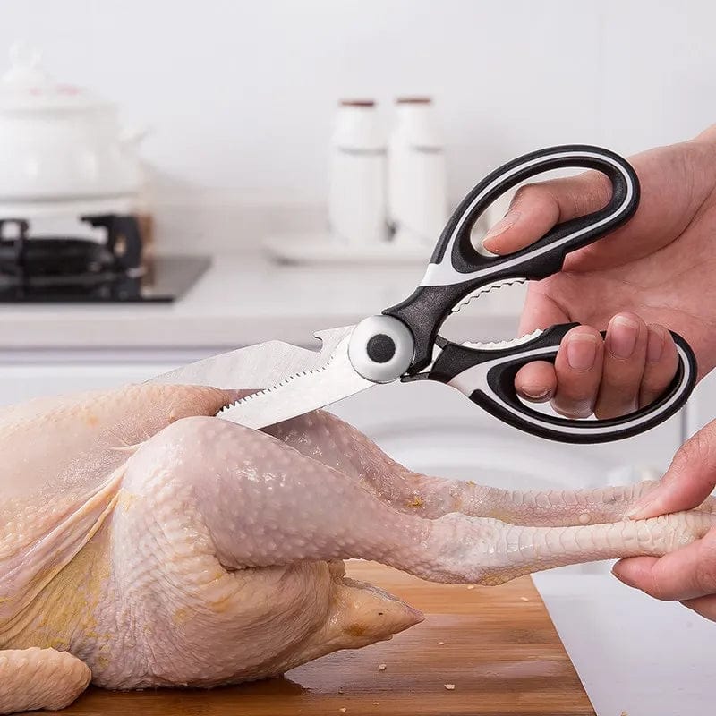 Showlu stainless steel kitchen scissors with heavy-duty bone and poultry cutting blades, featuring a bottle opener and walnut cracker.