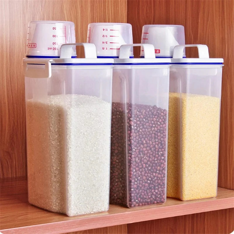 Showlu Fashion Store MEXQCH 2KG rice storage bucket with measuring cup, transparent, insect-proof, moistureproof cereal storage box