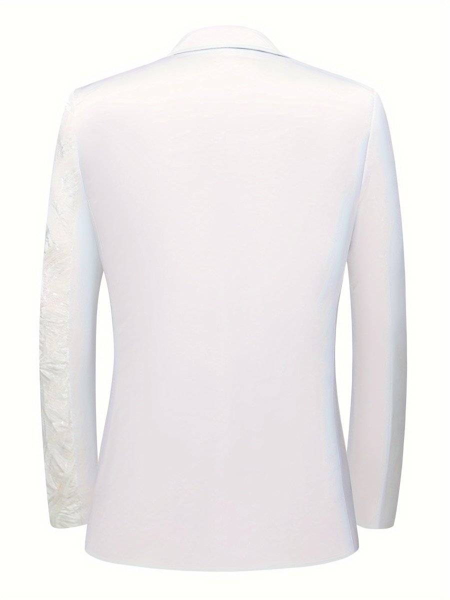 SHOWLU Men's white sequin blazer with striped lapel, one-button design, long sleeves, suitable for semi-formal events and banquets.