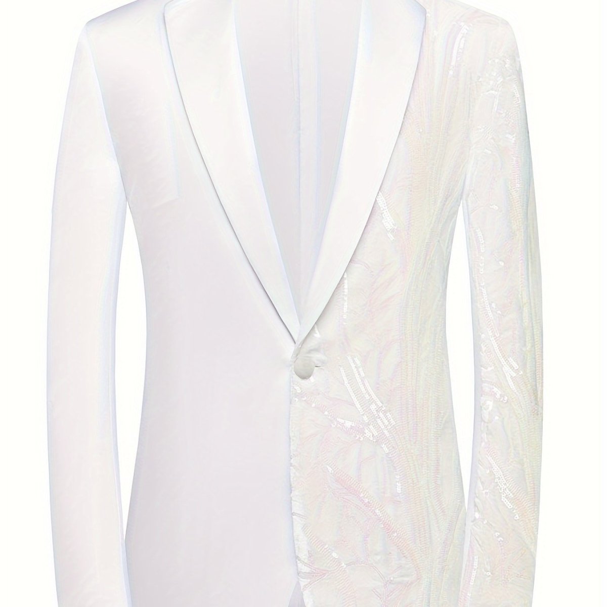 SHOWLU Men's white sequin blazer with striped lapel, one-button front, long sleeves, suitable for semi-formal or business occasions.