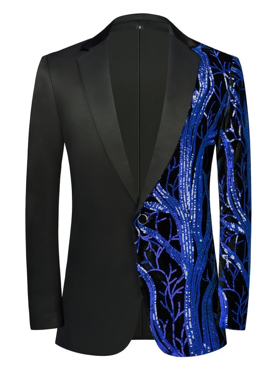 SHOWLU Men's white sequin blazer with striped lapel, one-button closure, long sleeves, stylish semi-formal suit jacket.