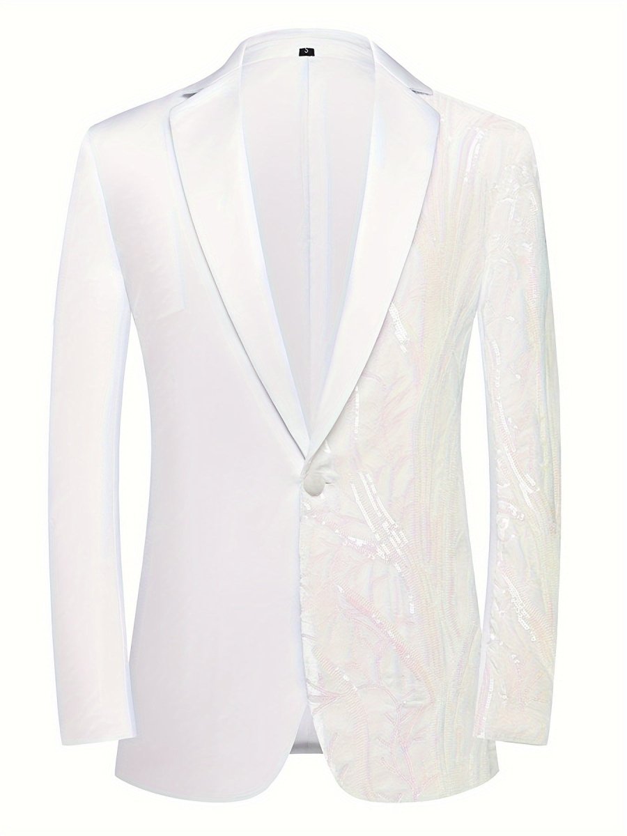Men's white sequin blazer by SHOWLU FASHION STORE, striped lapel, one-button design, long sleeves, semi-formal suit jacket.