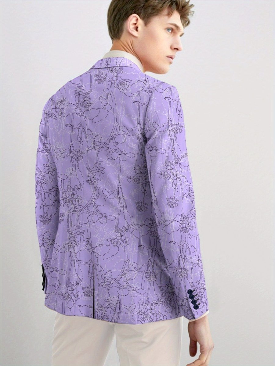 Men's purple floral print blazer by SHOWLU FASHION STORE, slim fit two-button jacket with vibrant design for semi-formal or casual wear.