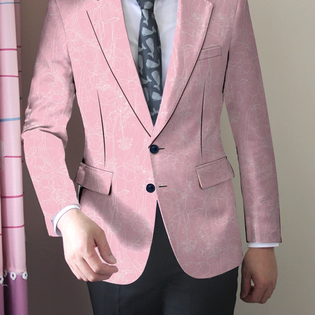Men's purple floral print blazer by SHOWLU FASHION STORE, slim fit, stylish two-button jacket with vibrant floral design.