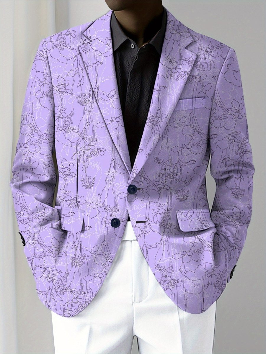 SHOWLU men's purple floral print blazer, slim fit two-button jacket with vibrant design, perfect for semi-formal or casual occasions.