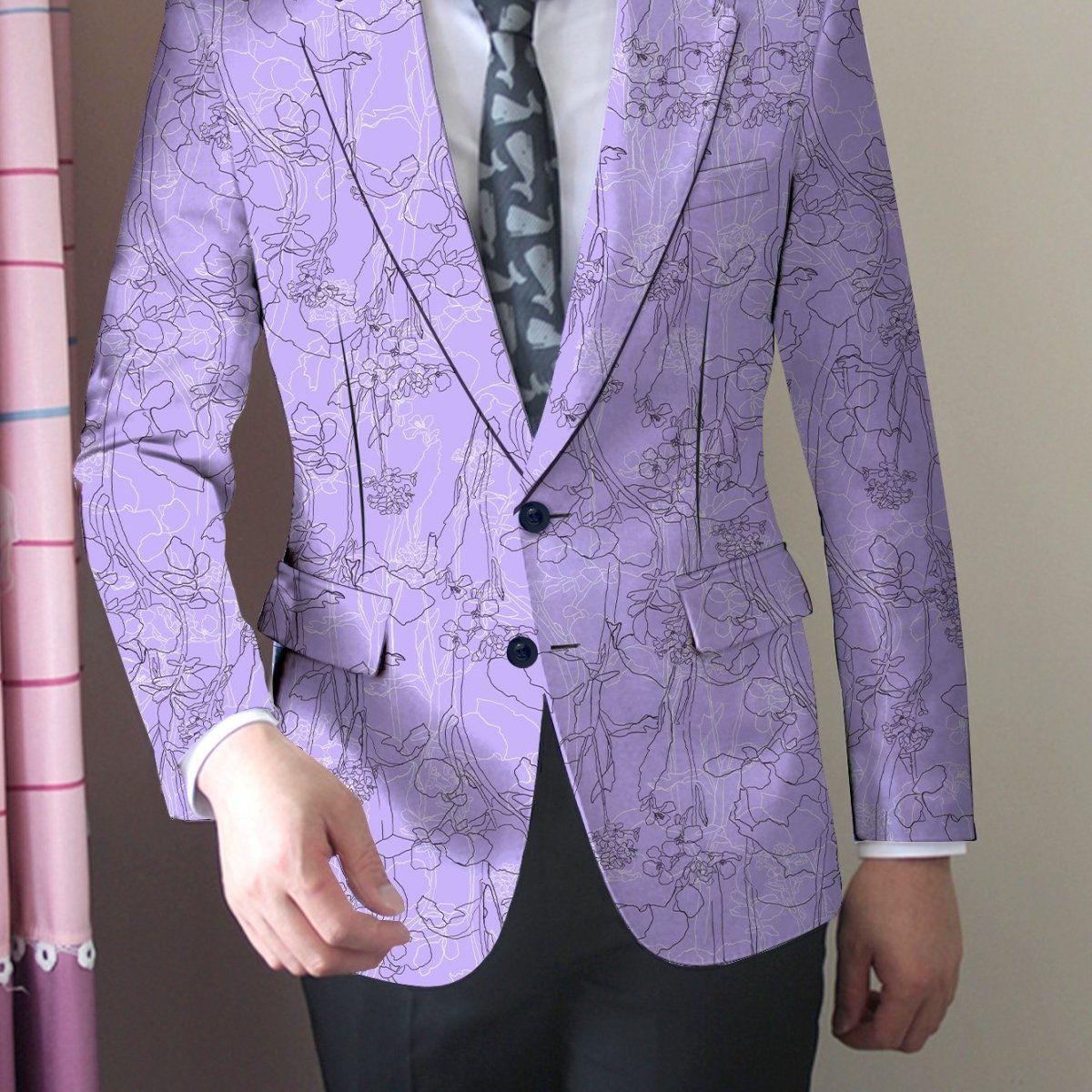 Men's purple floral print blazer by SHOWLU FASHION STORE, slim fit with two buttons, stylish for semi-formal or casual occasions.