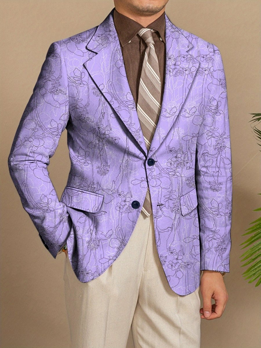 Men's purple floral print blazer by SHOWLU FASHION STORE, slim fit, two-button jacket with vibrant design for semi-formal or casual wear.
