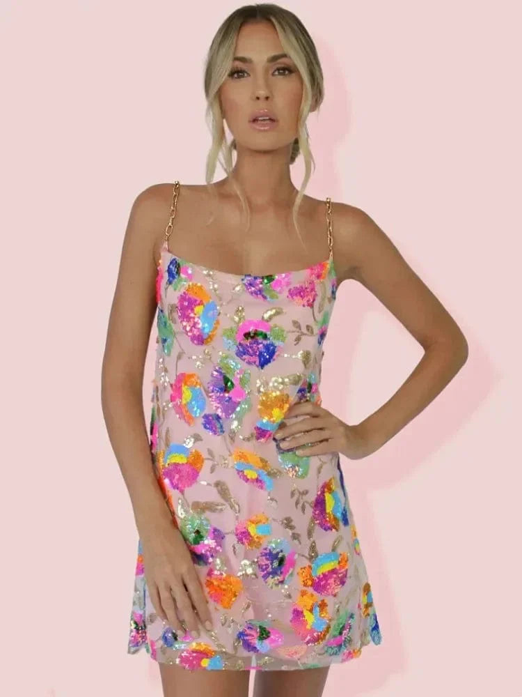 Elegant Showlu Sequin Mini Party Dress with spaghetti straps, low back, and chiffon fabric, perfect for summer bohemian parties.