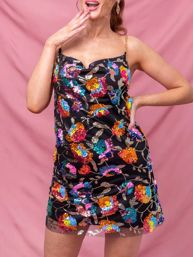 Sequin Sexy Elegant Dress Women Chain Spaghetti Strap Low Cut Backless Short Dress Summer Bohemian Party Dresses Female - SHOWLU FASHION STORE