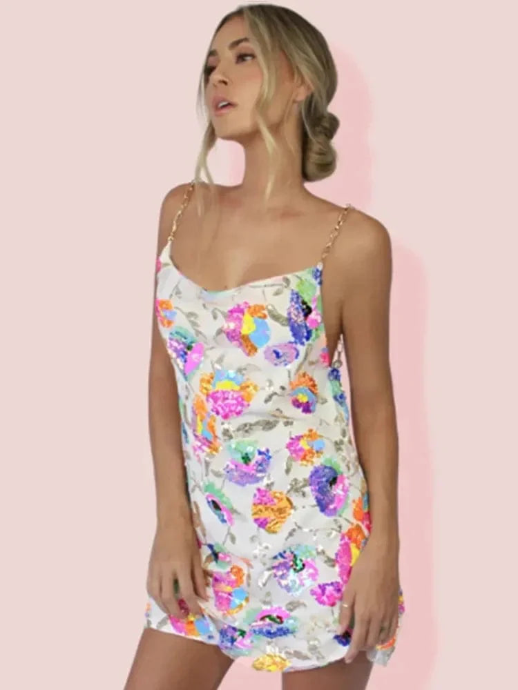 Showlu Sequin Mini Party Dress with spaghetti straps, backless design, and chiffon fabric, perfect for summer bohemian parties.