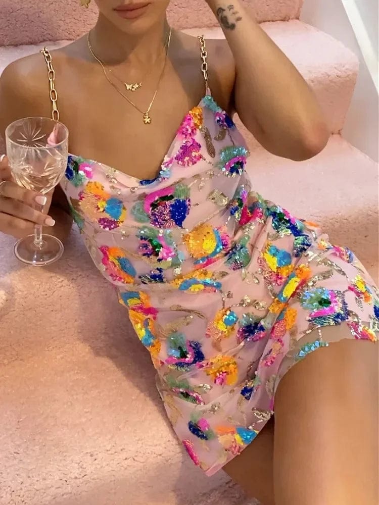 Elegant Showlu Sequin Mini Party Dress with spaghetti straps, low back, and chiffon fabric, perfect for summer and bohemian events.