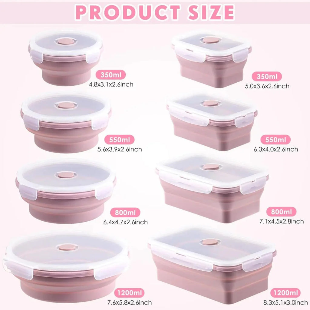 Set of 4 collapsible silicone food storage containers with lids, reusable and foldable for lunch or kitchen storage.