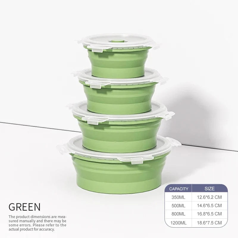 Set of 4 collapsible silicone food storage containers with lids, reusable and foldable for easy storage and organization.