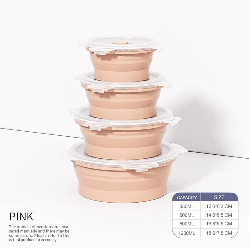 Showlu set of 4 collapsible silicone food storage containers with lids, reusable and foldable for easy storage and organization.