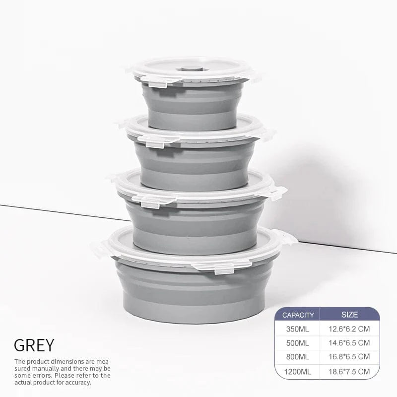 Set of four collapsible silicone food storage containers with lids, reusable and foldable for easy kitchen organization.