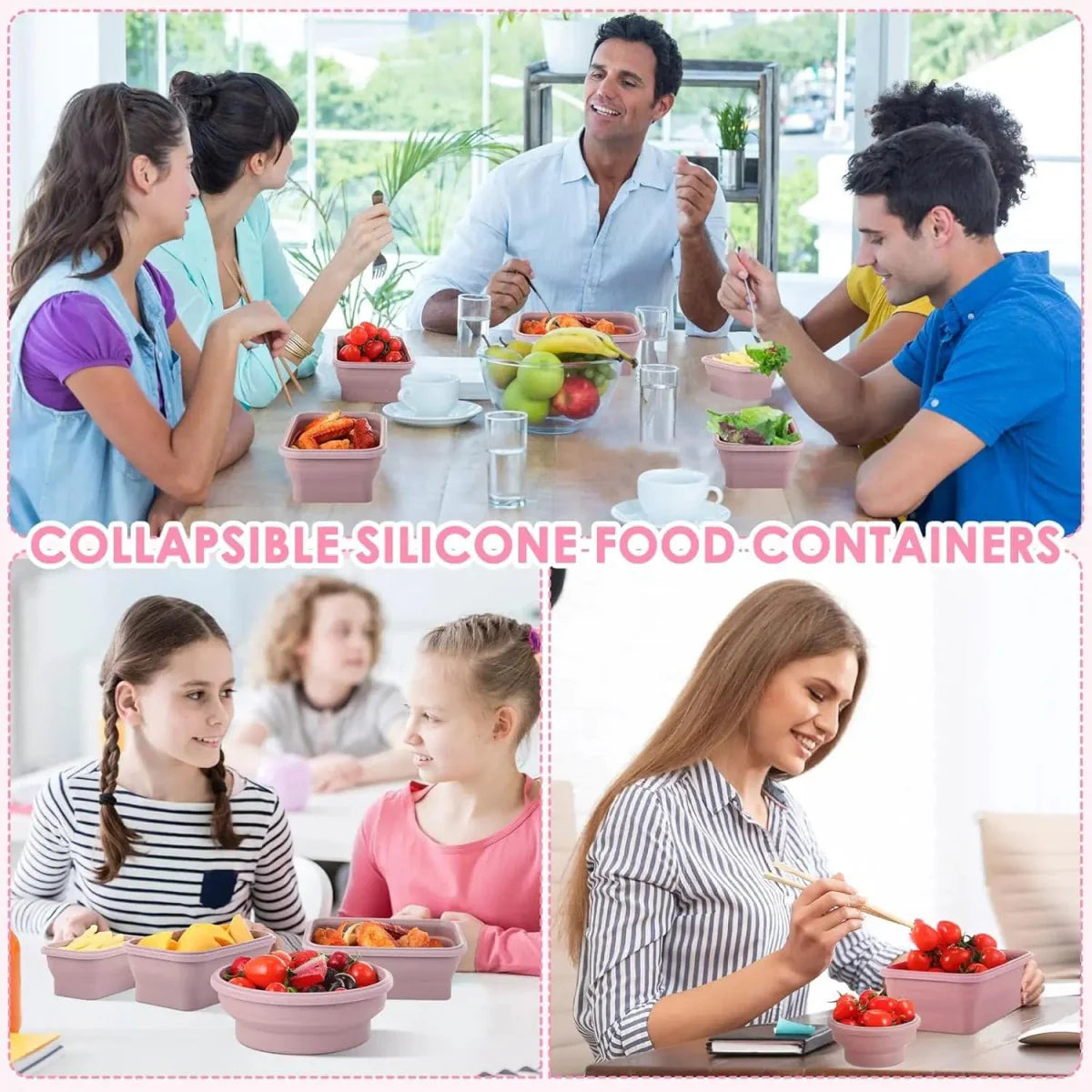 Set of 4 collapsible silicone food storage containers with lids, reusable and foldable for convenient kitchen organization.