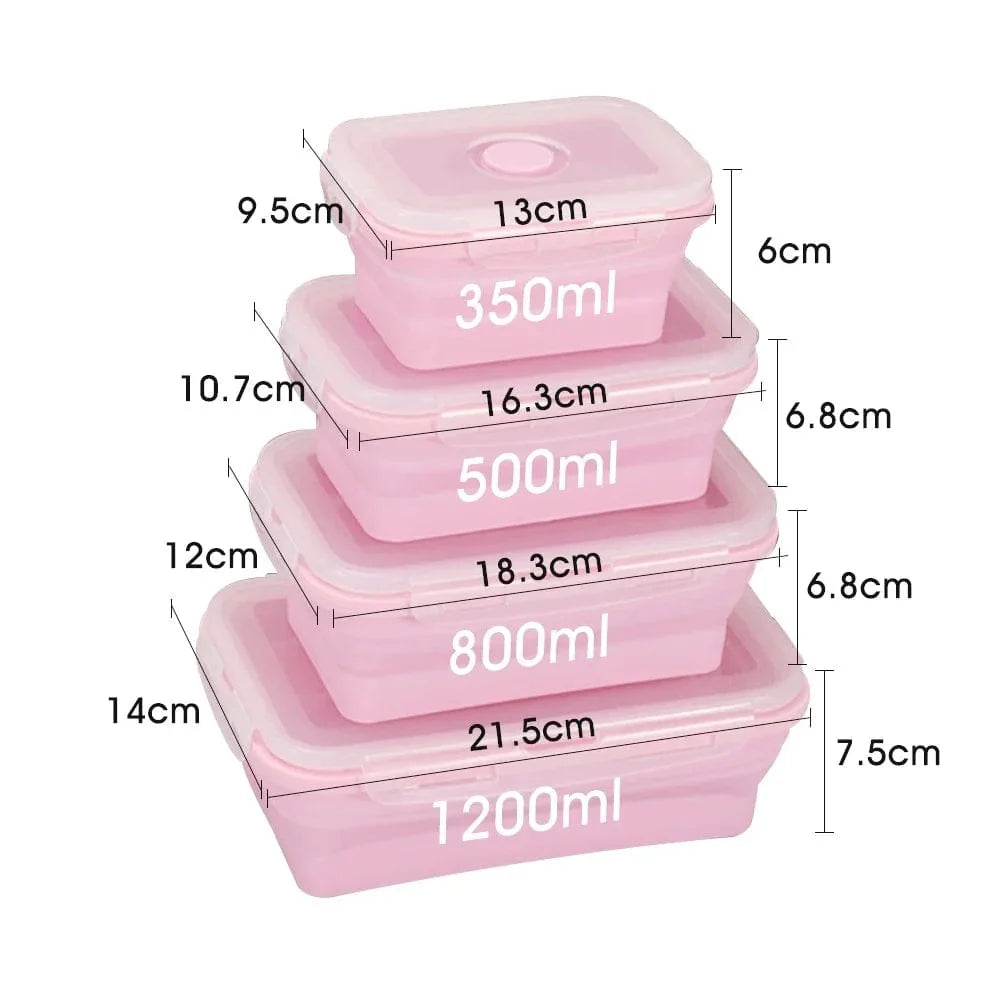 Set of 4 collapsible silicone food storage containers with lids, reusable and foldable for kitchen and lunch storage.