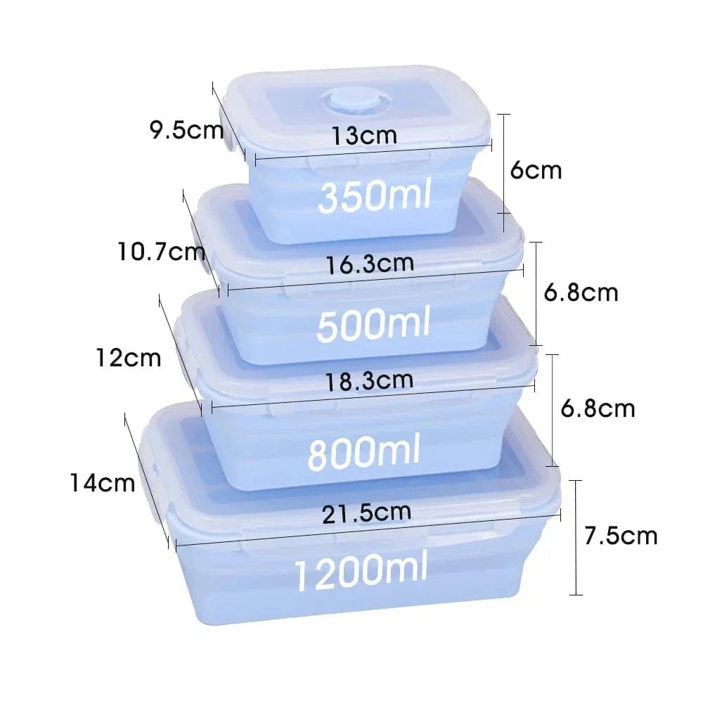 Set of 4 SHOWLU silicone collapsible food storage containers with lids, reusable and foldable for kitchen organization.