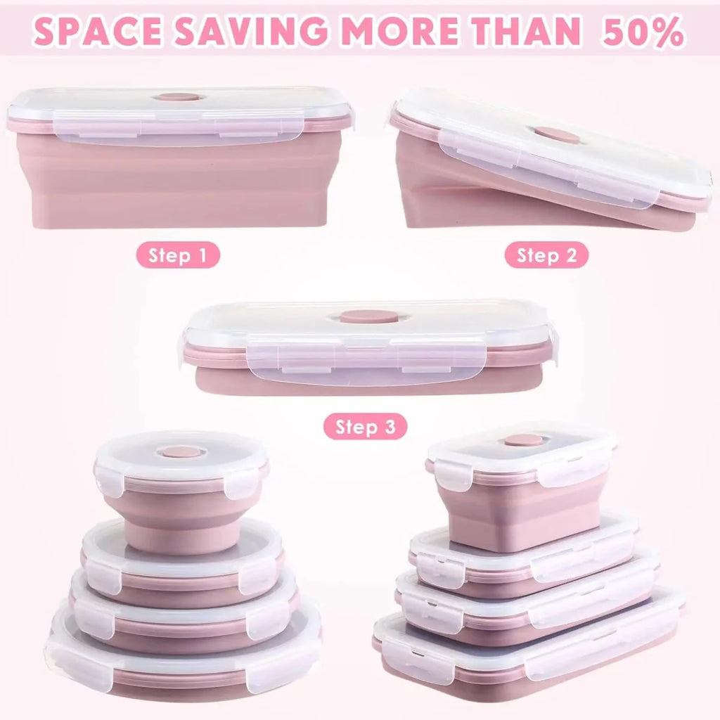 Set of 4 collapsible silicone food storage containers with lids, reusable and foldable for meal prep and organization.