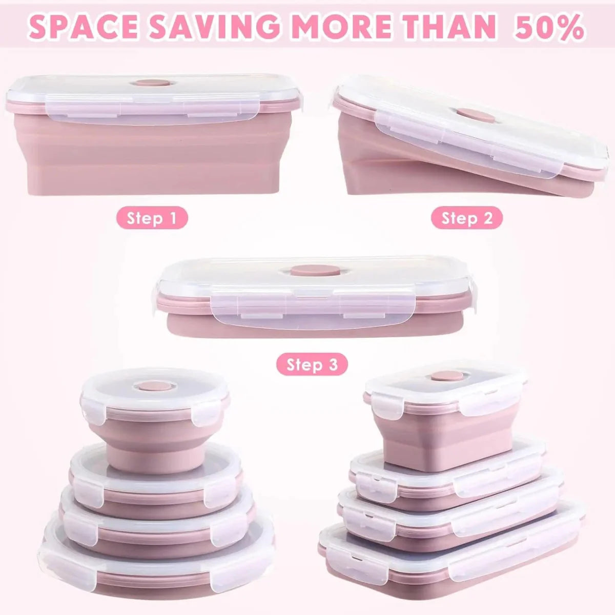 Set of 4 collapsible silicone food storage containers with lids, reusable and foldable for meal prep and organization.