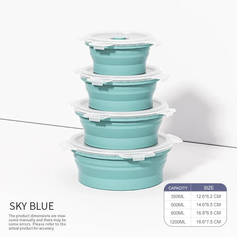 Set of 4 SHOWLU Fashion Store collapsible silicone food storage containers with lids, reusable and foldable for easy storage.