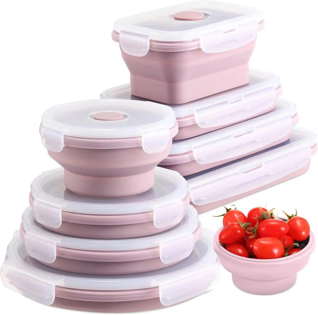 Set of 4 SHOWLU FASHION STORE collapsible silicone food storage containers with lids, reusable and foldable for kitchen organization.