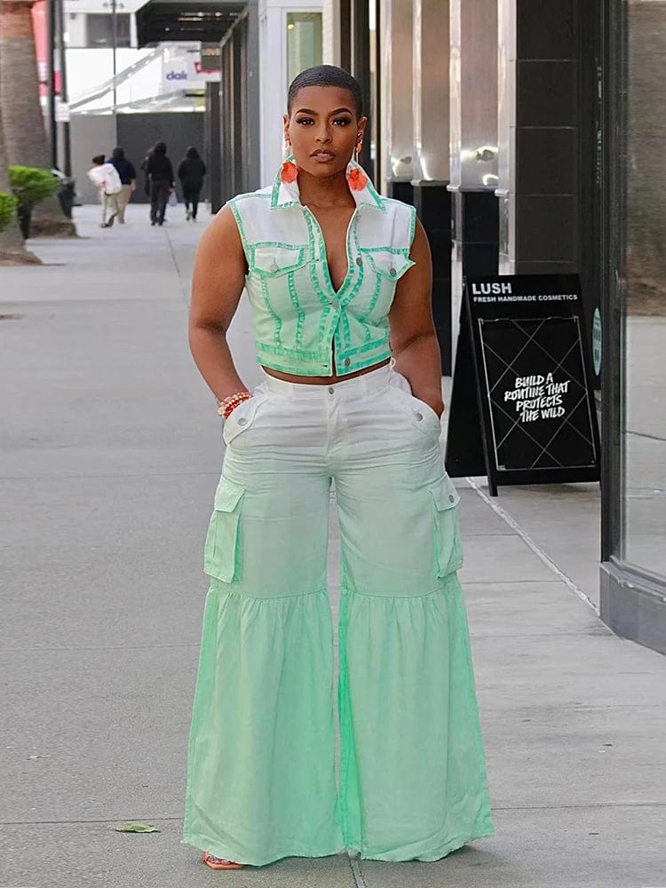 Showlu Fashion women's 2-piece summer set with tie-dye tank top and flare pants, casual and stylish for warm weather.