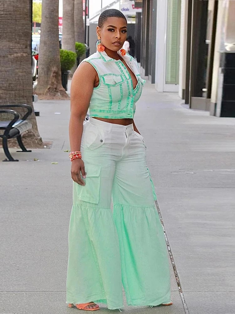 Showlu Fashion women's 2-piece summer set with tie-dye tank top and flare pants, casual and stylish for warm weather.