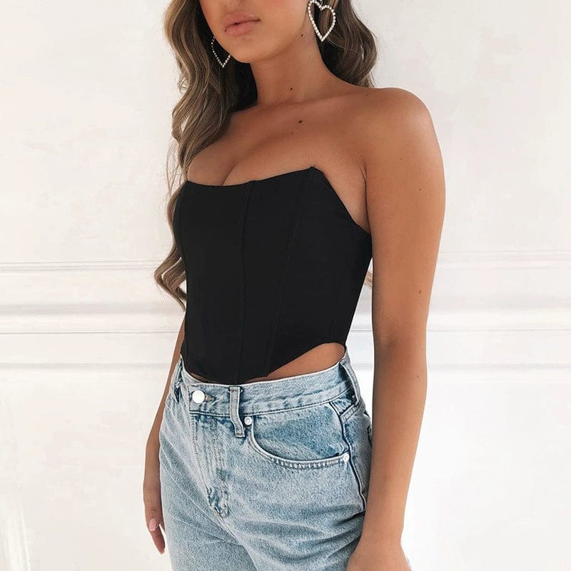 Showlu Fashion women's backless strapless slim fit tube top, showcasing a bare midriff and sleek design for stylish summer wear.