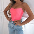 Showlu Fashion women's strapless backless slim-fit tube top showcasing bare midriff and sleek design.