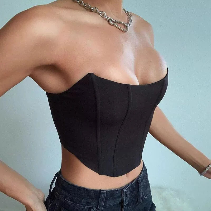 Showlu Fashion women's backless strapless slim-fit tube top, featuring a bare midriff and sleek design for a stylish look.